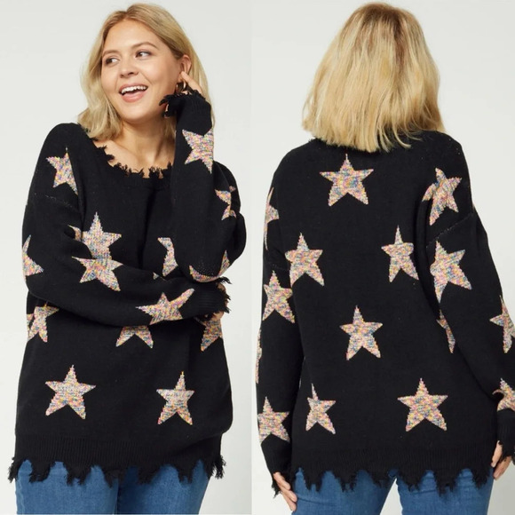 Chic Soul Sweaters - CHIC SOUL Starlight Confetti Black Fringe Cozy Knit Sweater